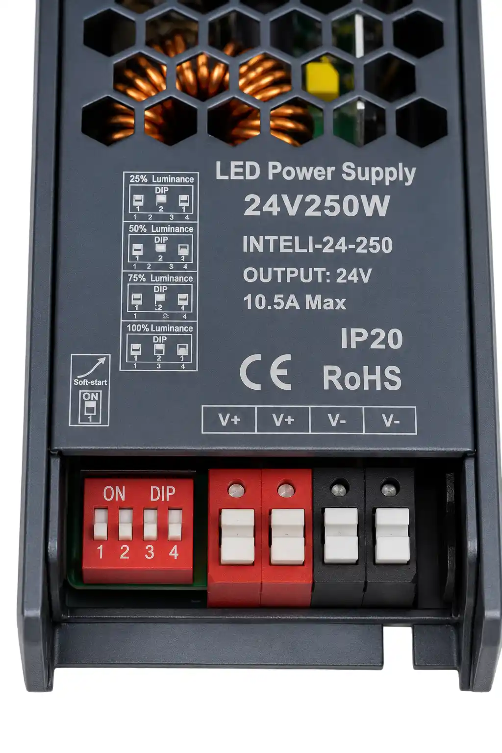 DIP přepínače pro víceúrovňové stmívání 25 50 75 100 % a soft-start LED napájecího zdroje INTELI 24V 250W